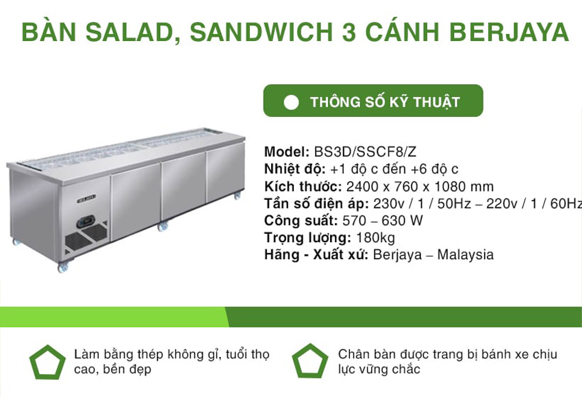 Bàn mát salad sandwich Berjaya BS3D/SSCF8/Z