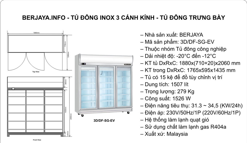 Tủ đông 3 cánh kính Berjaya 3D/DF-SM-EV