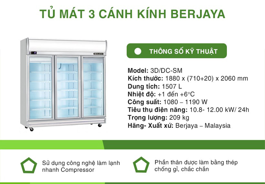 Tủ mát 3 cánh kính Berjaya 3D/DC-SM