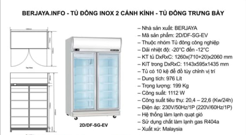 Tủ đông trưng bày 2 cánh kính Berjaya 2D/DF-SM-EV