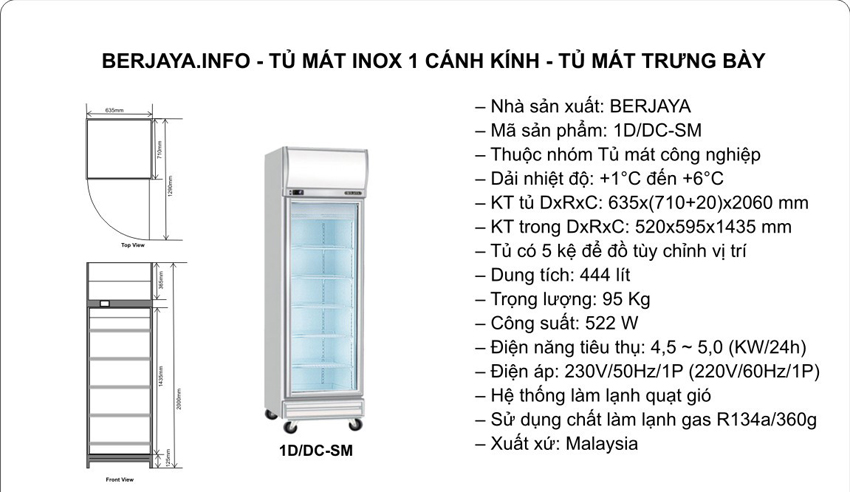 Tủ mát cánh kính Berjaya 1D/DC-SM
