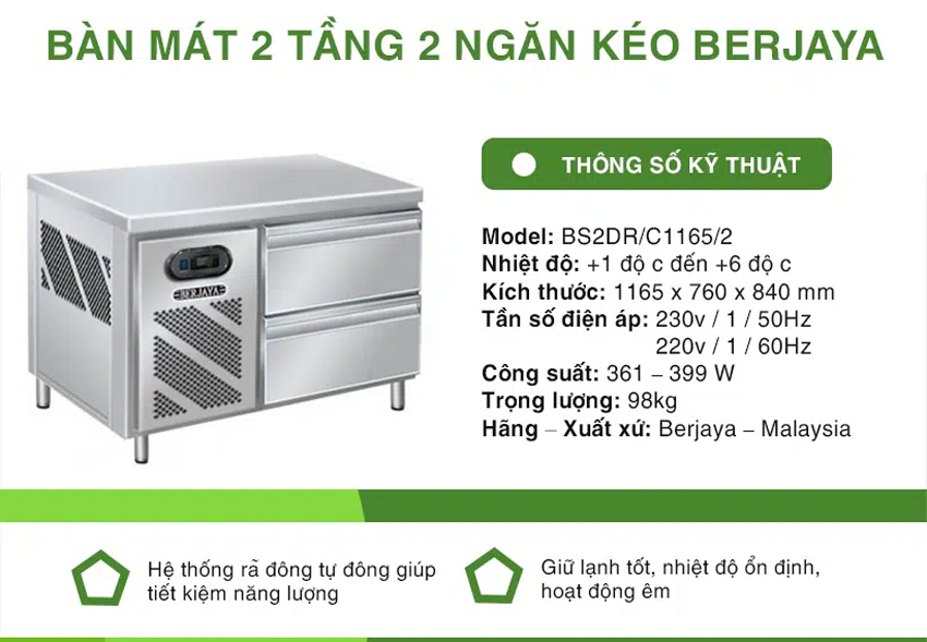 Bàn mát 2 tầng 2 ngăn Berjaya BS2DR/C1165/2