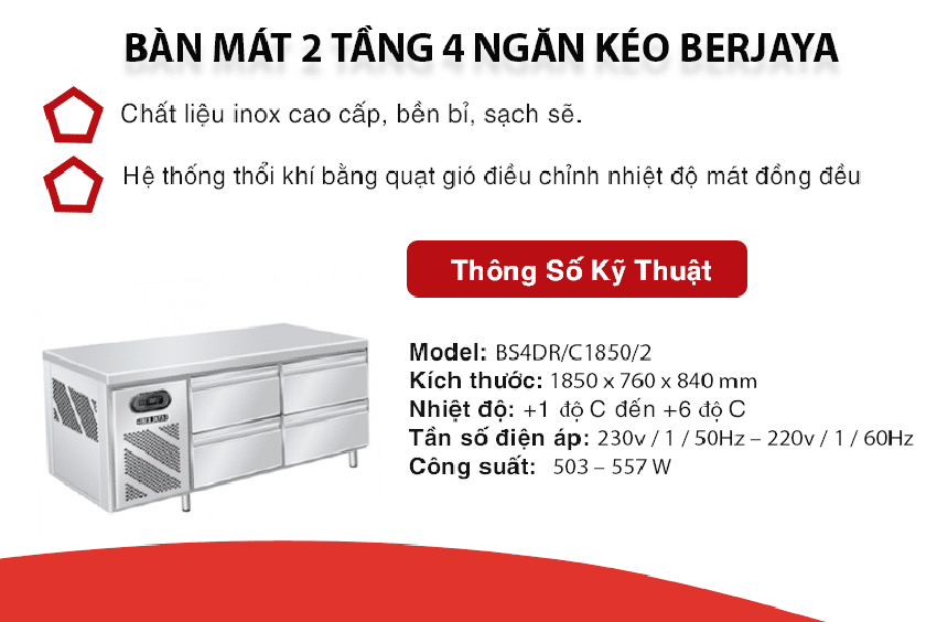 Bàn mát 2 tầng 4 ngăn Berjaya BS4DR/C1850/2