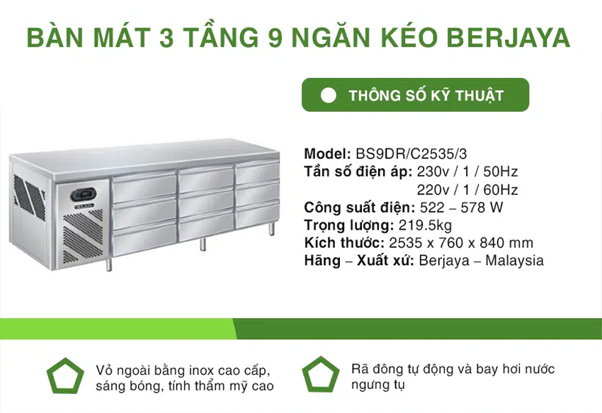 Bàn mát 3 tầng 9 ngăn Berjaya BS9DR/C2535/3