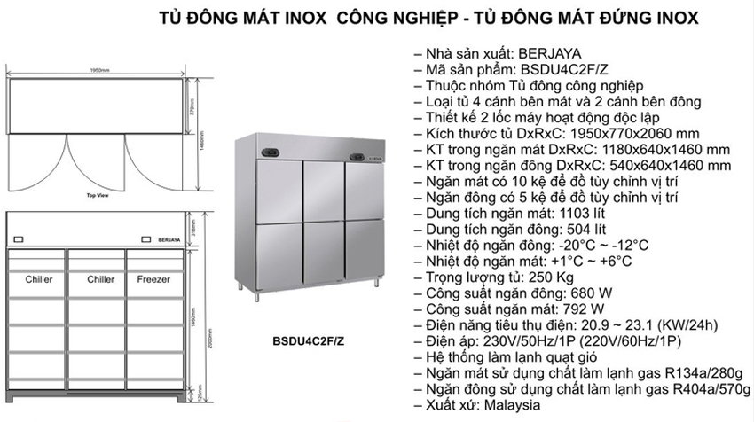 Tủ đông mát 6 cánh inox Berjaya BSDU4C2F/Z