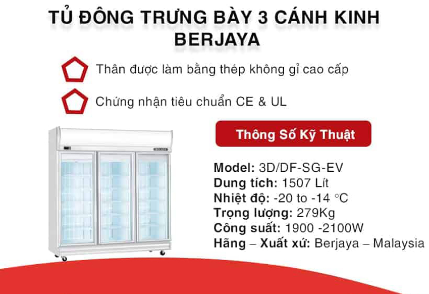 Tủ đông 3 cánh kính Berjaya 3D/DF-SM-EV