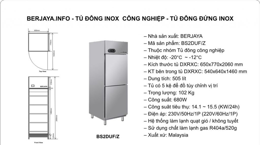 Tủ đông 2 cánh inox Berjaya BS 2DUF/C