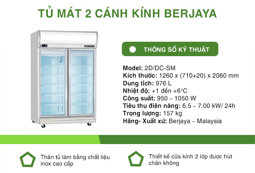 Tủ mát 2 cánh kính Berjaya 2D/DC-SM