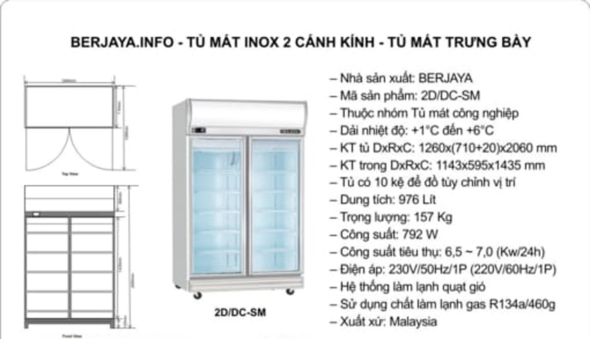Tủ mát 2 cánh kính Berjaya 2D/DC-SM