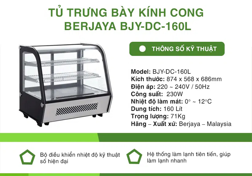 Tủ mát trưng bày kính cong Berjaya BJY-DC-160L
