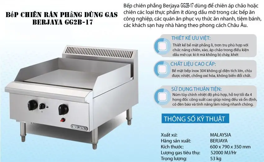 Bếp chiên phẳng dùng gas Berjaya GG2B-17