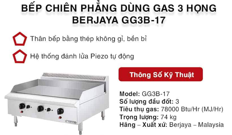 Bếp chiên phẳng gas chân đứng Berjaya GG3BFS-17