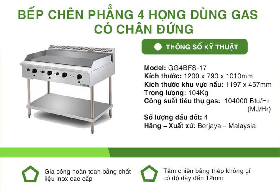 Bếp chiên phẳng gas chân đứng Berjaya GG4BFS-17