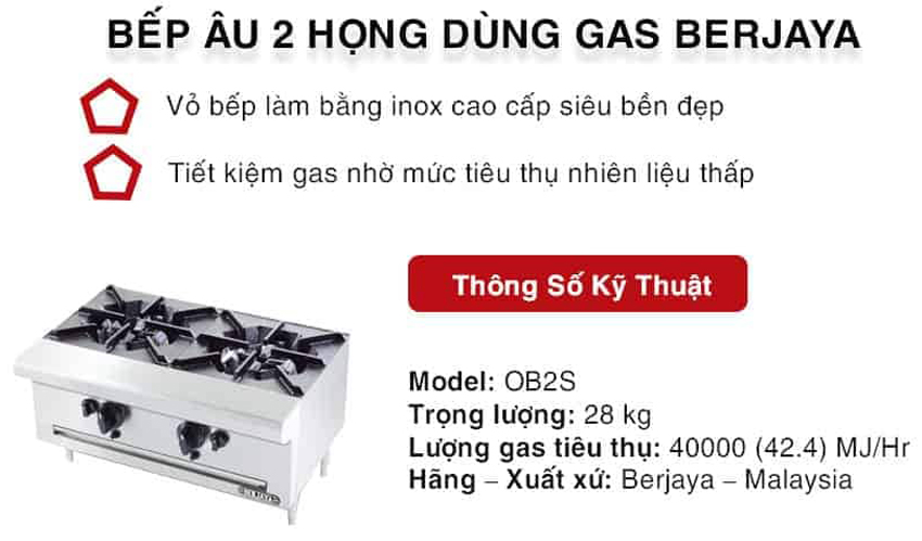 Bếp âu 2 họng dùng gas Berjaya OB2S