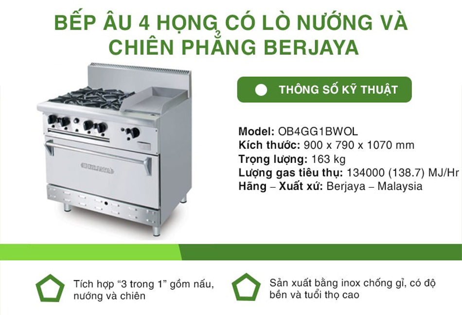 Bếp âu có lò nướng và chiên Berjaya OB4GG1BWOL