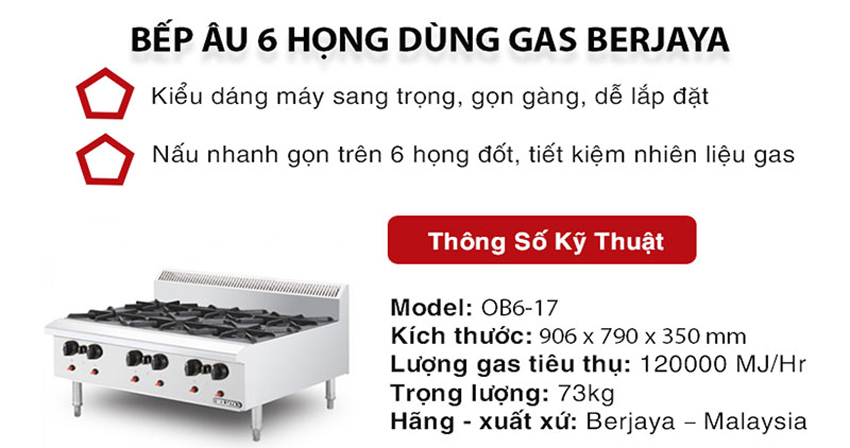 Bếp âu 6 họng dùng gas Berjaya OB6-17