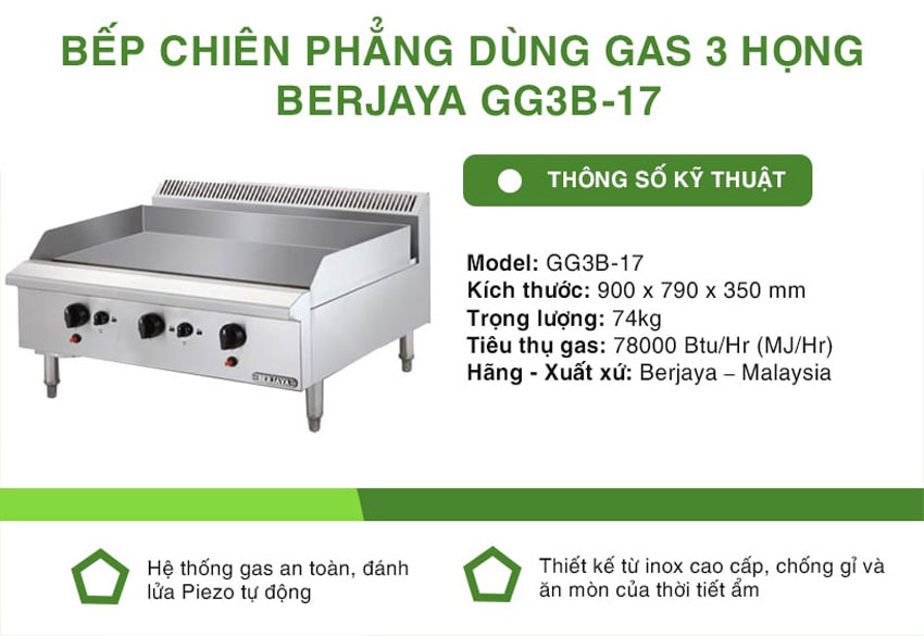 Bếp chiên bề mặt phẳng dùng gas Berjaya GG3B-17
